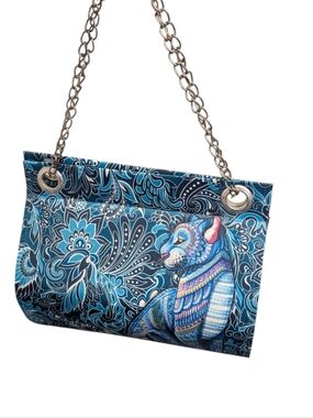 !AY GUEY! Blue Satin Cat Print Shoulder Bag- New
